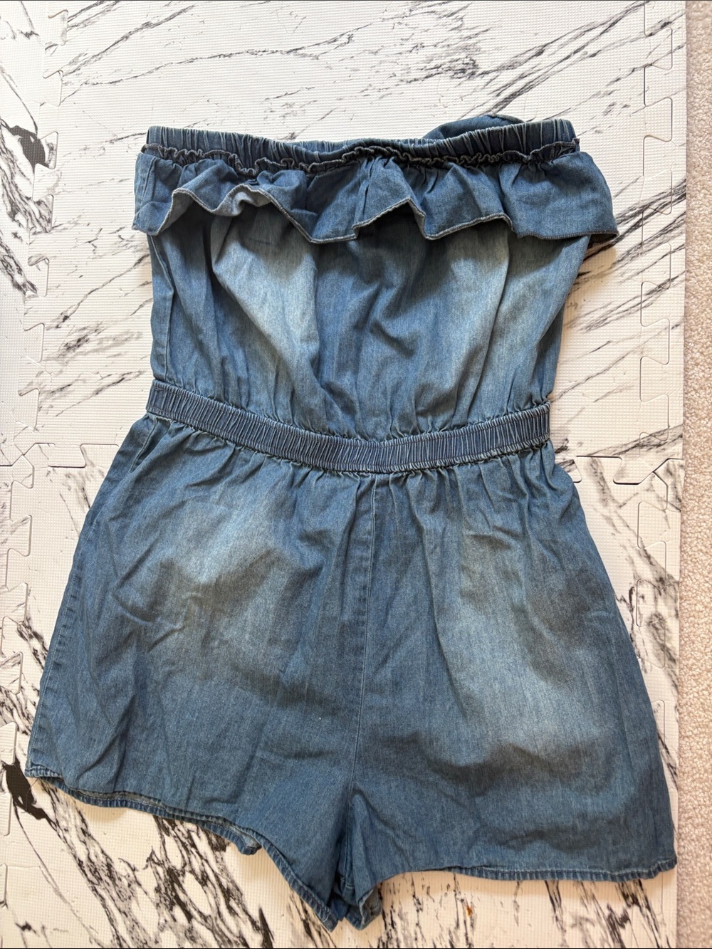 Denim Strapless Ruffle Romper - Blue